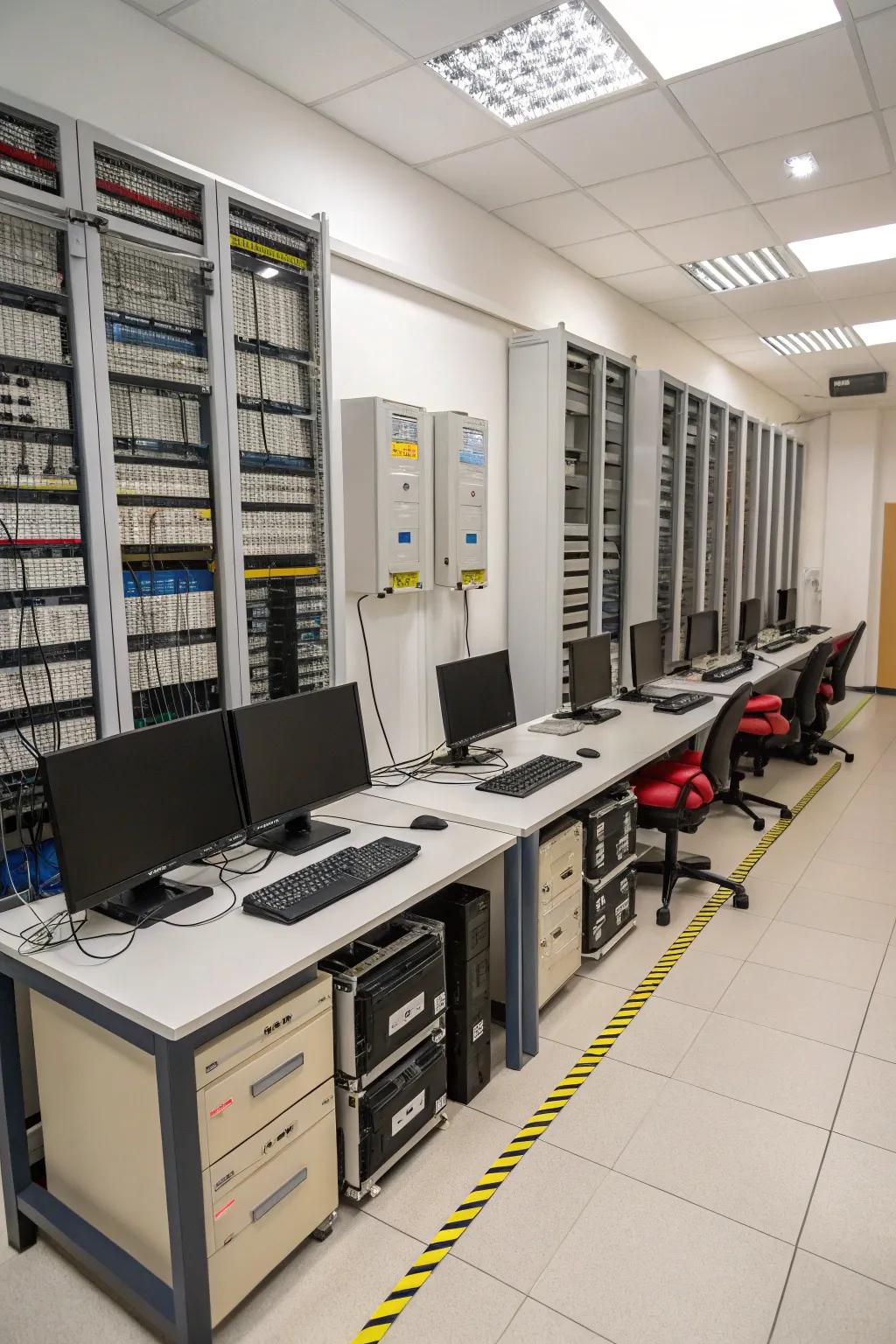 A tidy computer room utilizing efficient storage for an uncluttered atmosphere.