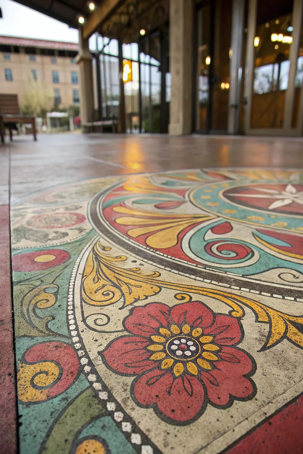 Concrete floors featuring striking acid-stained patterns.