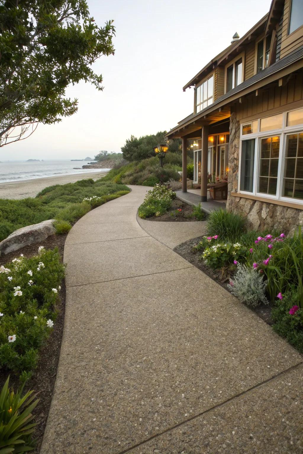Revealed aggregate walkways offer a textured, natural aesthetic.