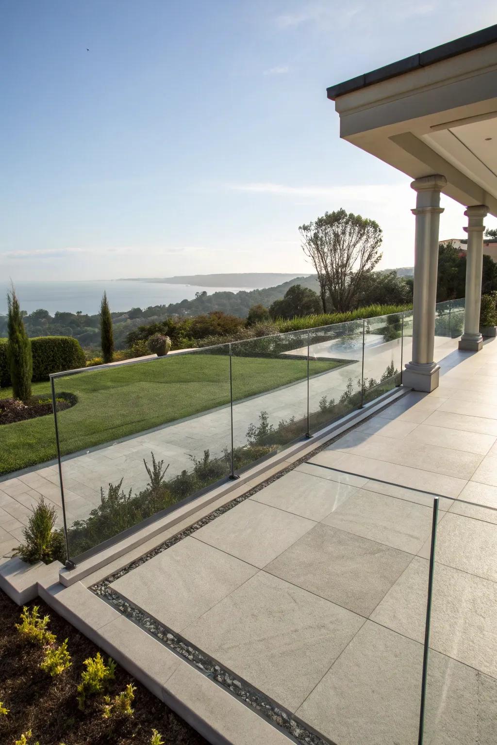 Glass accents bring modern elegance and openness to patio borders.