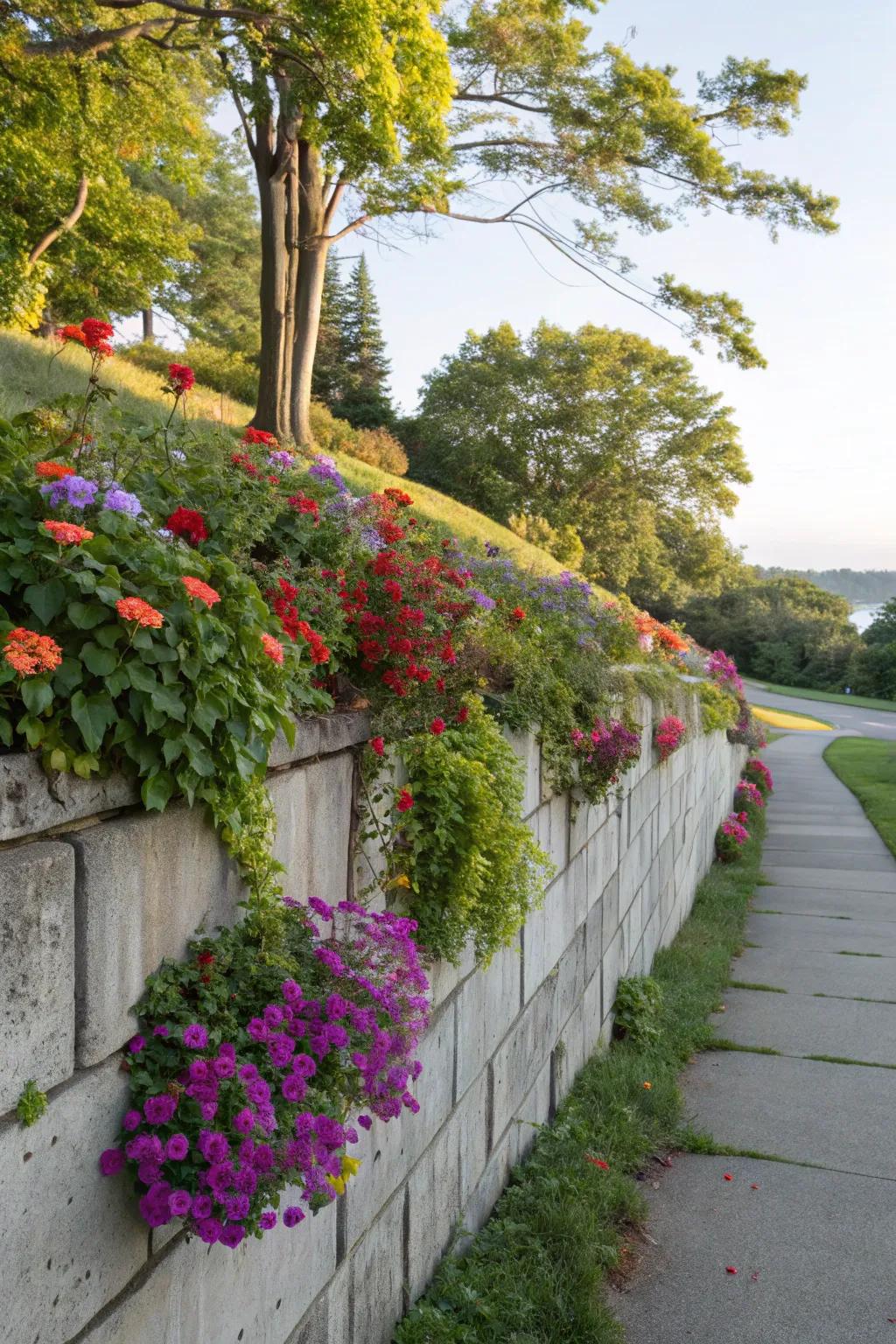 Colorful plantings add natural beauty to retaining walls.