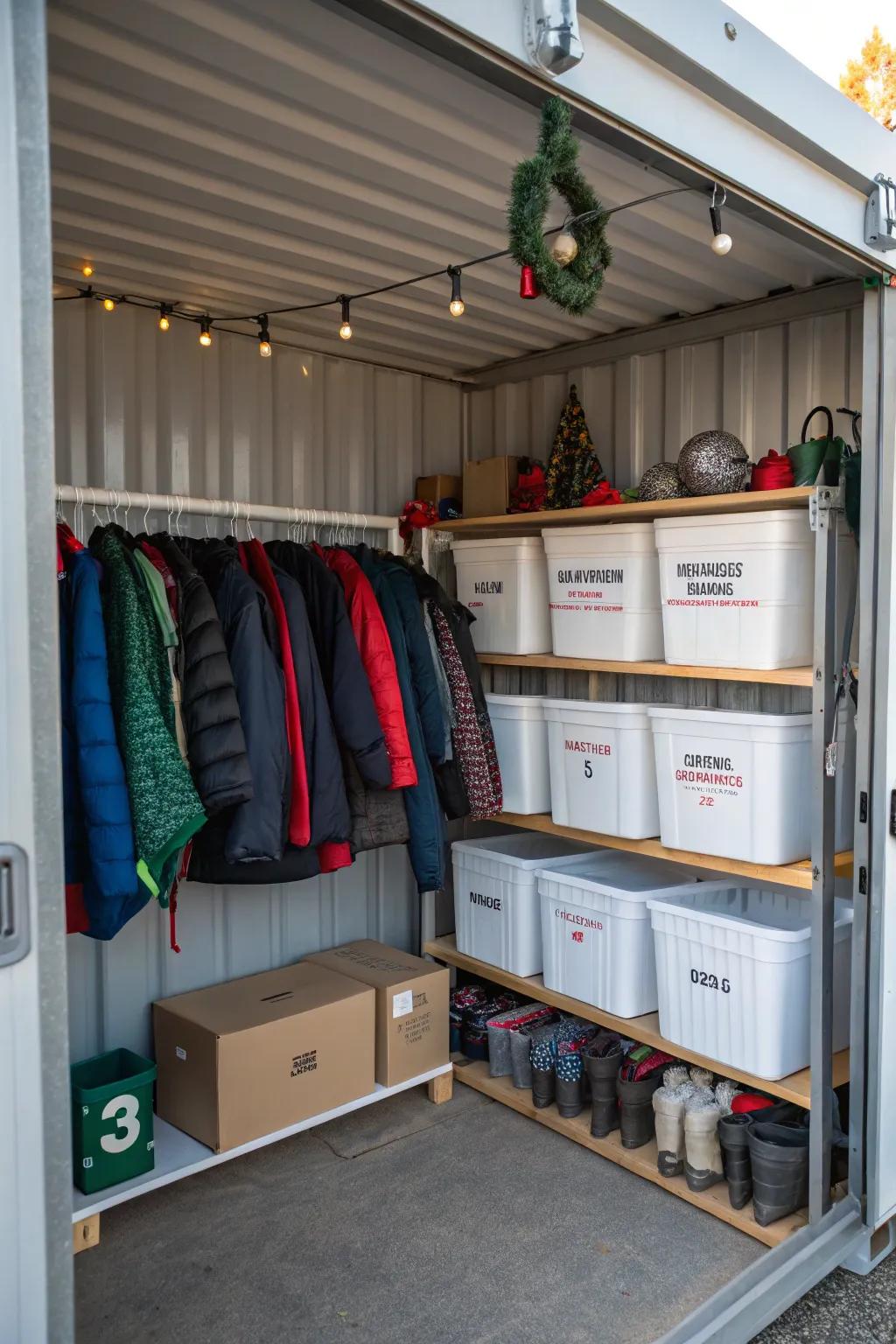 Seasonal storage in a container helps to successfully control household clutter.