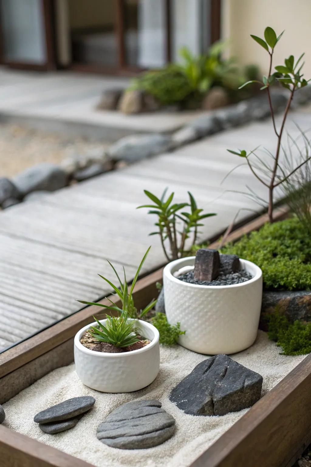 A tranquil zen corner featuring container plants.