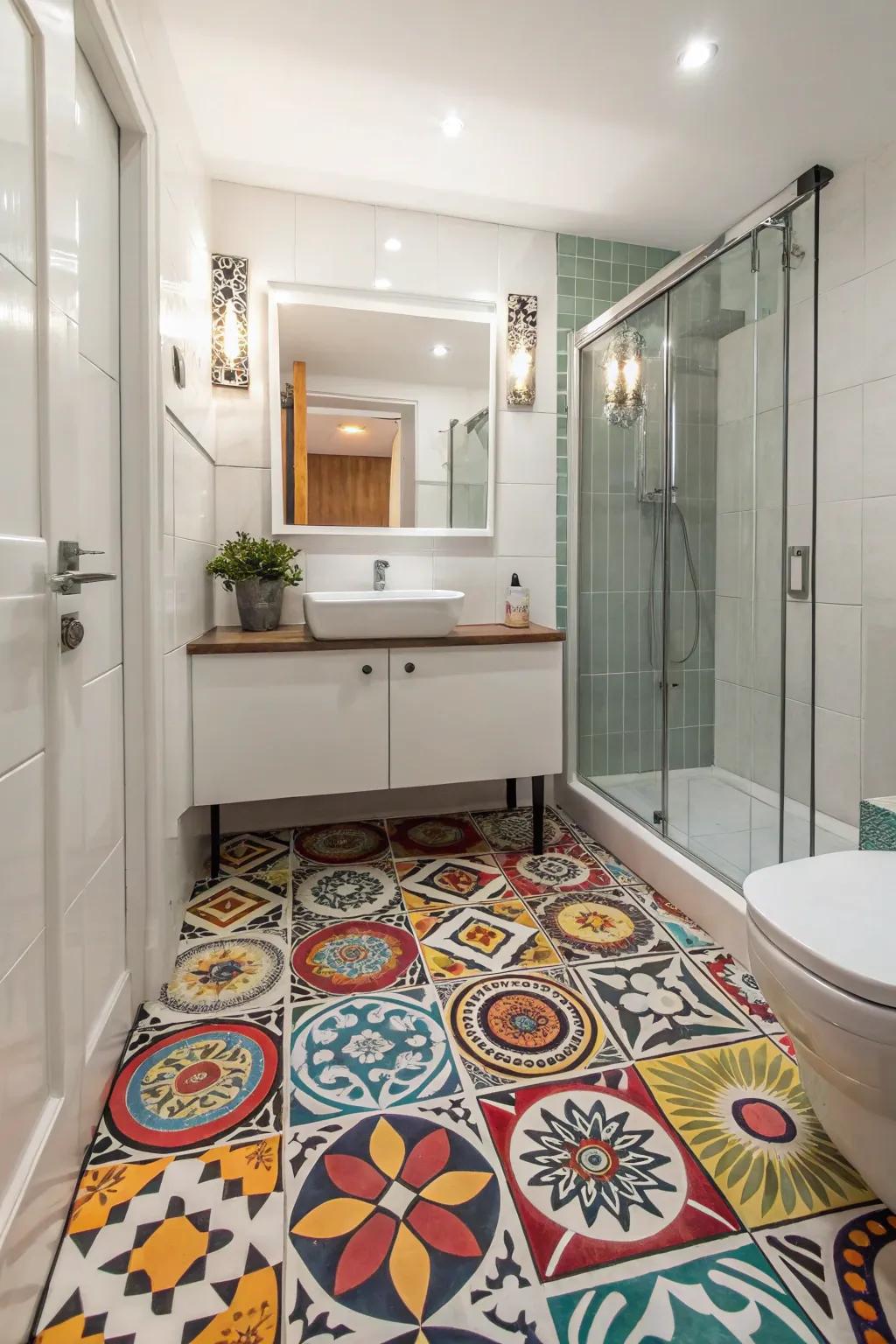 Bathroom with attention-grabbing statement tiles.