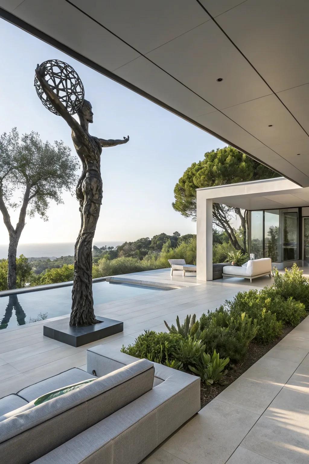 An imaginative sculpture functions as a striking focal point on a patio.