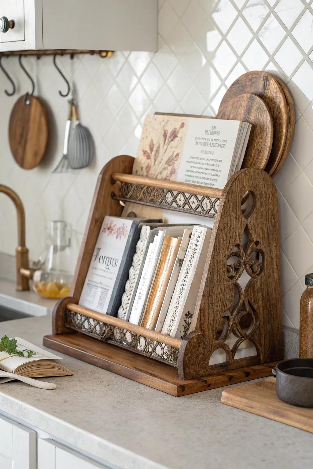 Plate racks offer an unexpected storage solution for cookbooks.