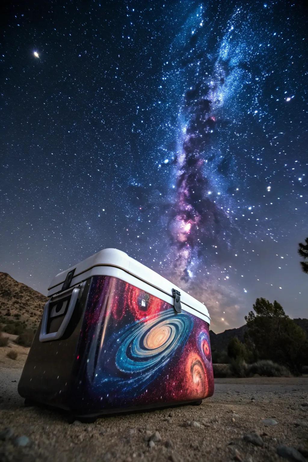 A cooler with celestial decals for a cosmic vibe.