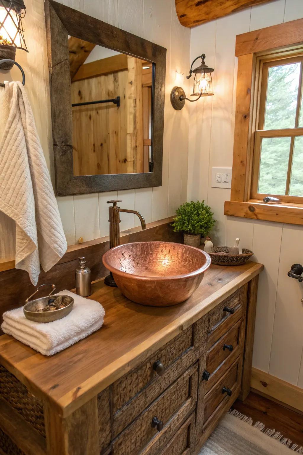 Wooden and textured elements complement the country charm of this bronze basin.