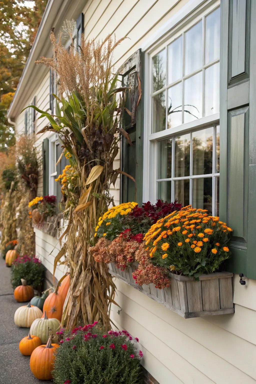 Enhance your home's facade through dried corn stalks within window boxes.