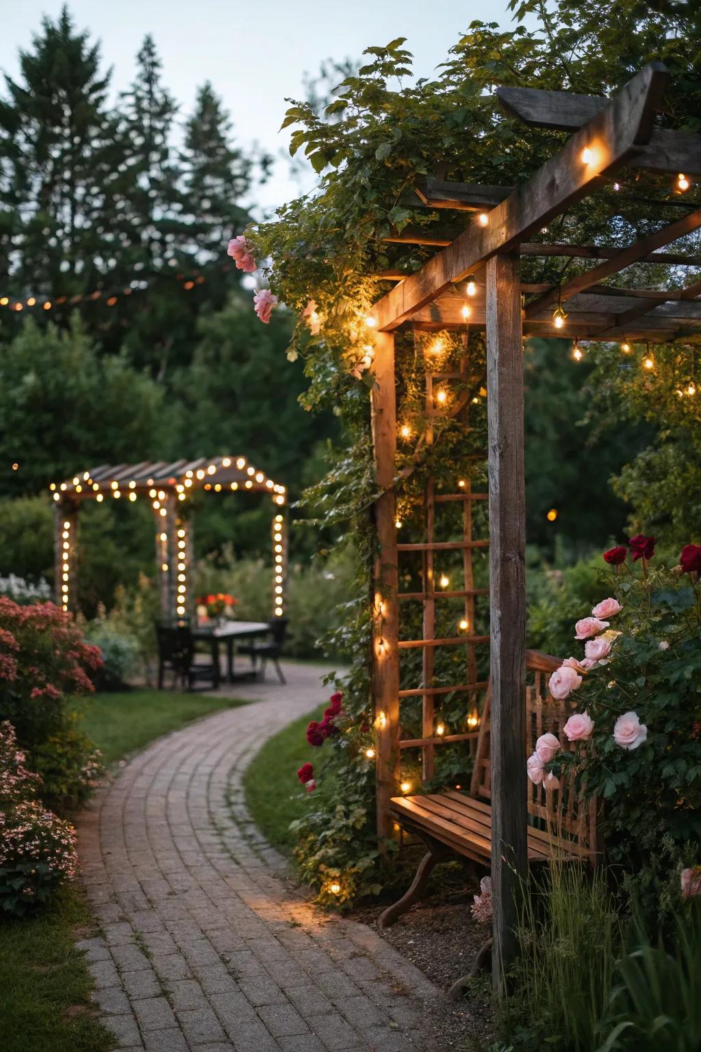 A trellis artistically illuminated by fairy lights, establishing evening charm.