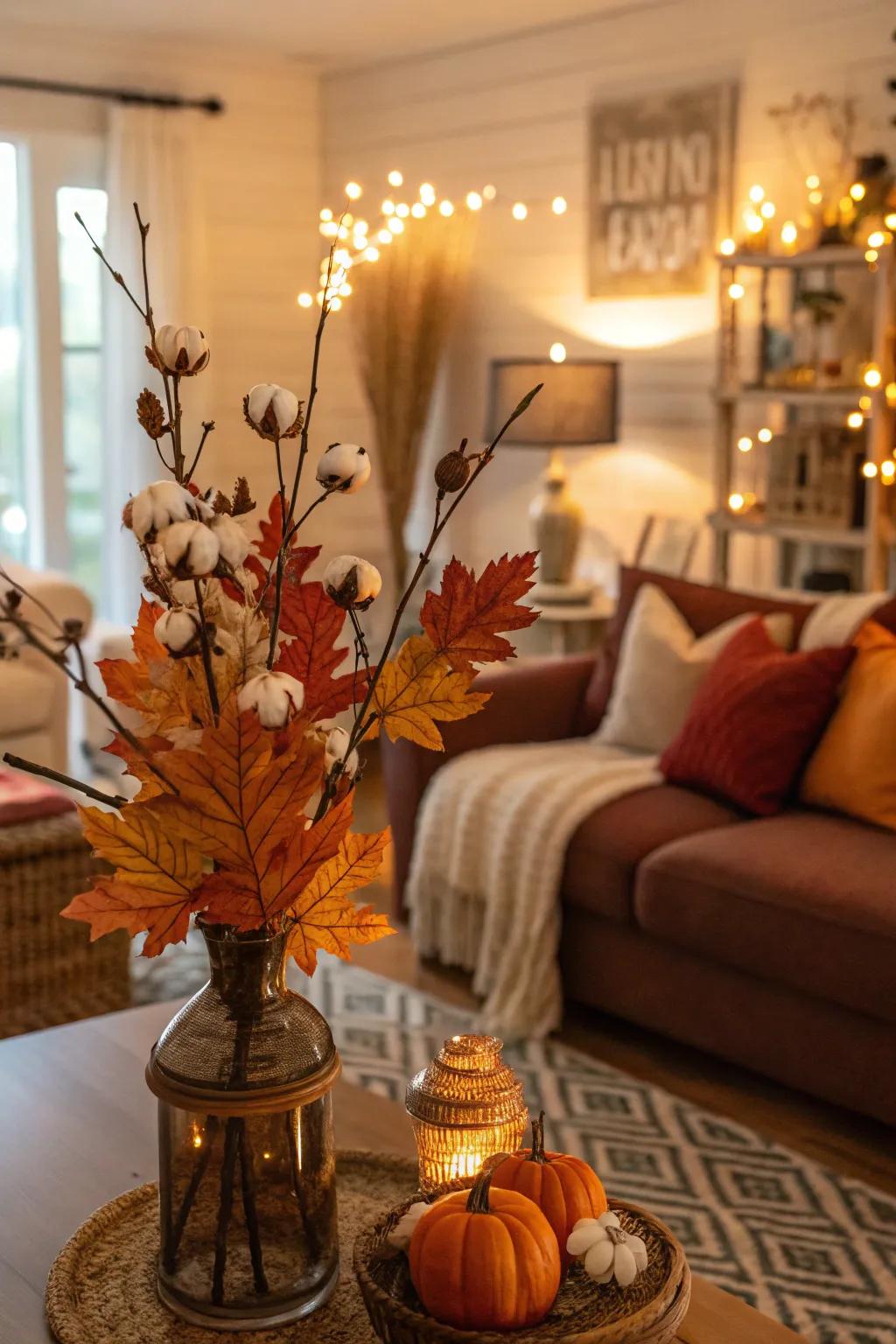Autumn bliss featuring cotton stems and leaves.
