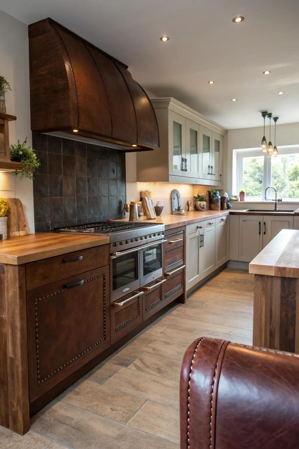 Opulent hide-wrapped end caps creating a unique and warm atmosphere.