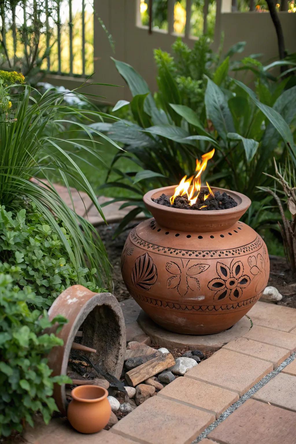 A clay container fire pit radiates rustic charm and warmth.