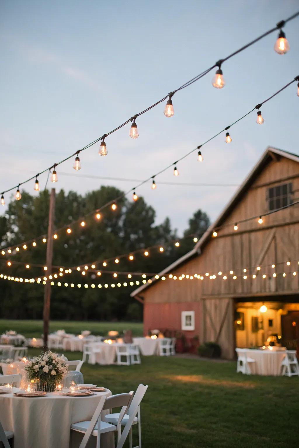 Twinkle lights fashion a mesmerizing vibe at a country wedding.
