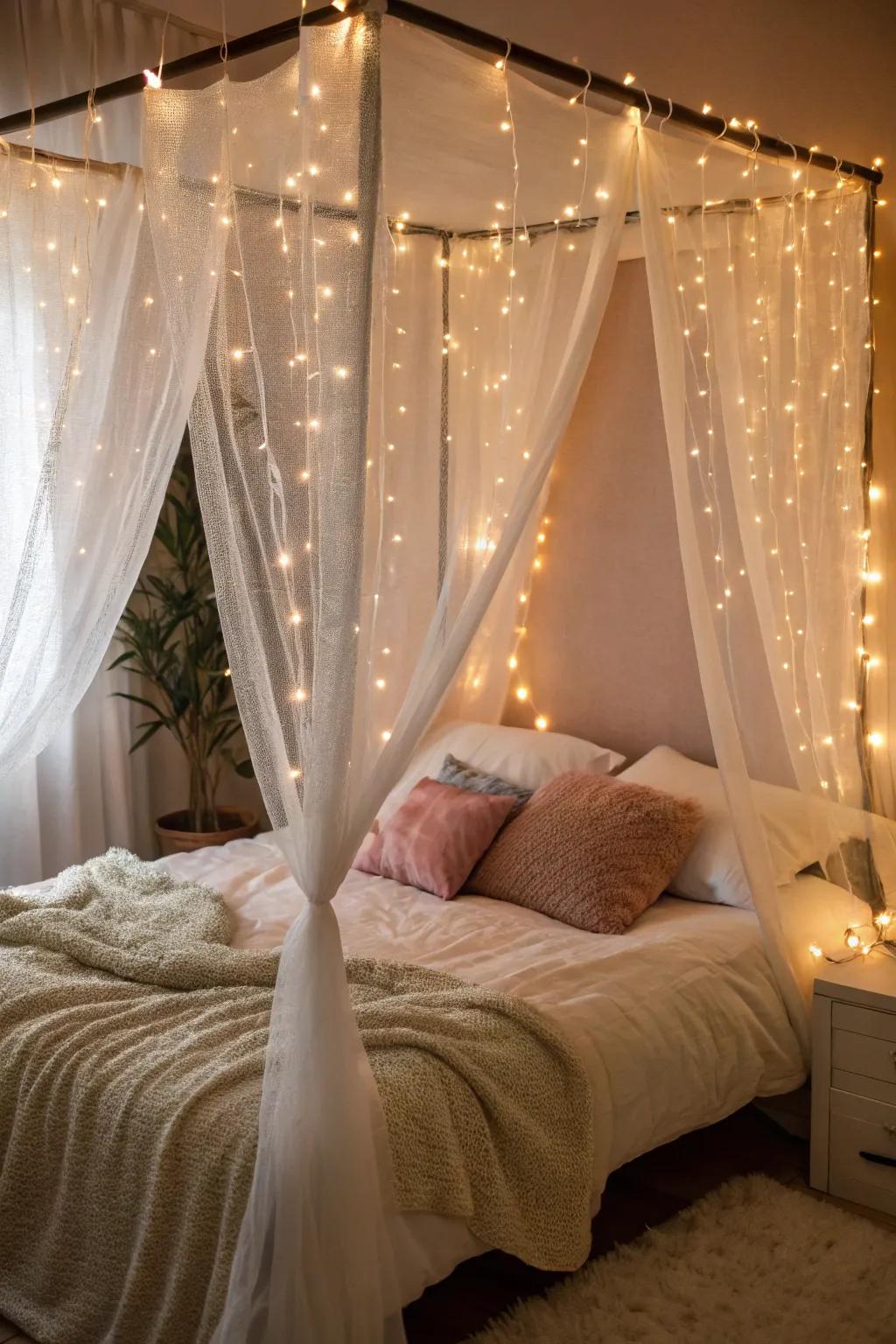 A canopy bed which has clear fabric and twinkle lights.