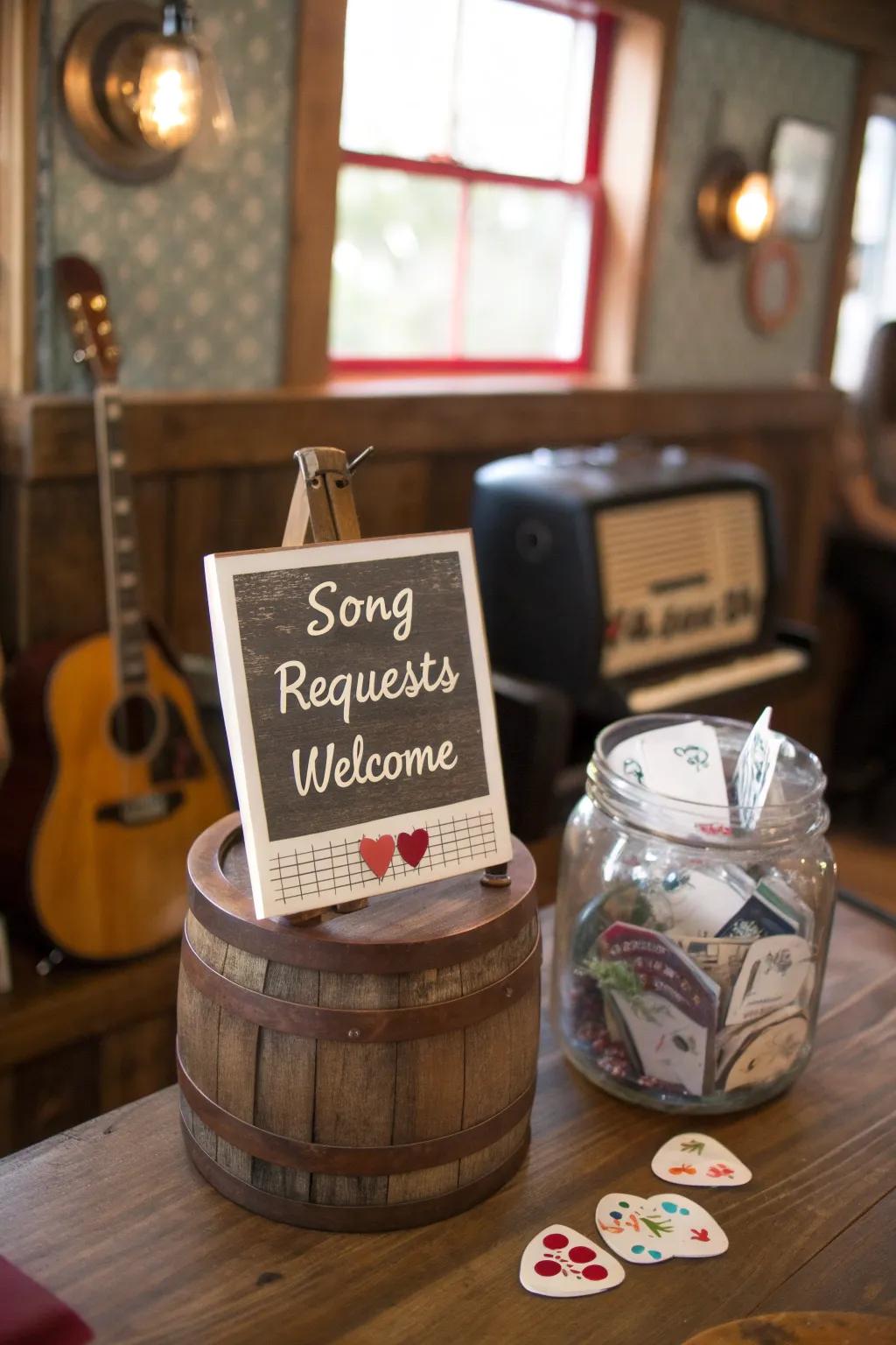 A tip container inviting music requests for tips