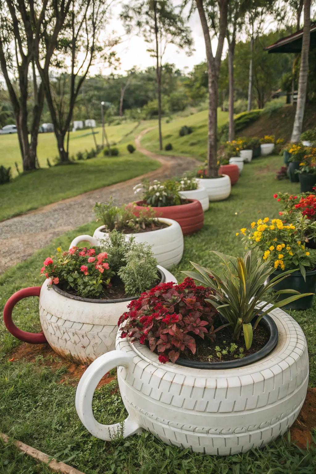Playful coffee cup tire flower pots introducing joy to the garden.