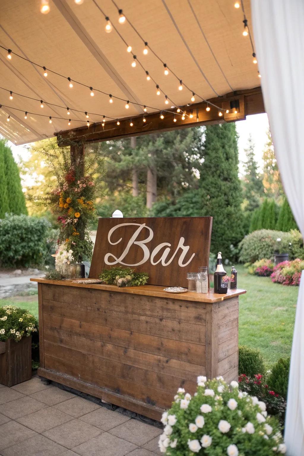 Personalized d&eacute;cor injects a distinctive touch into this outdoor bar.