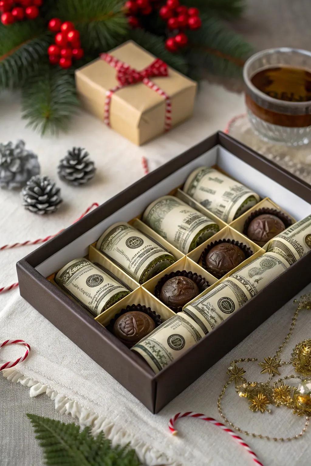 A box of chocolates with a cash surprise inside.