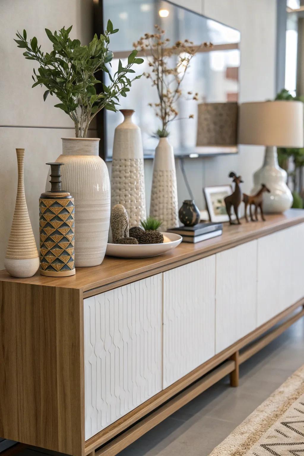 A sideboard with decor items of varying heights.