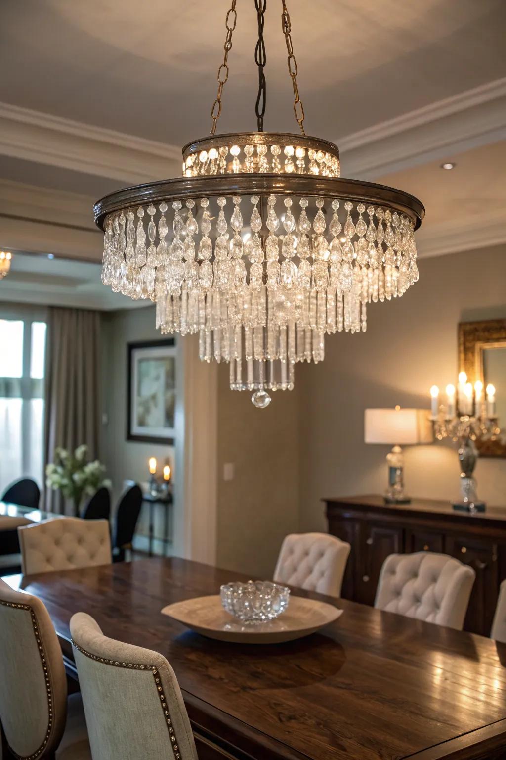 A chandelier enhanced with quartz crystals for sparkle.