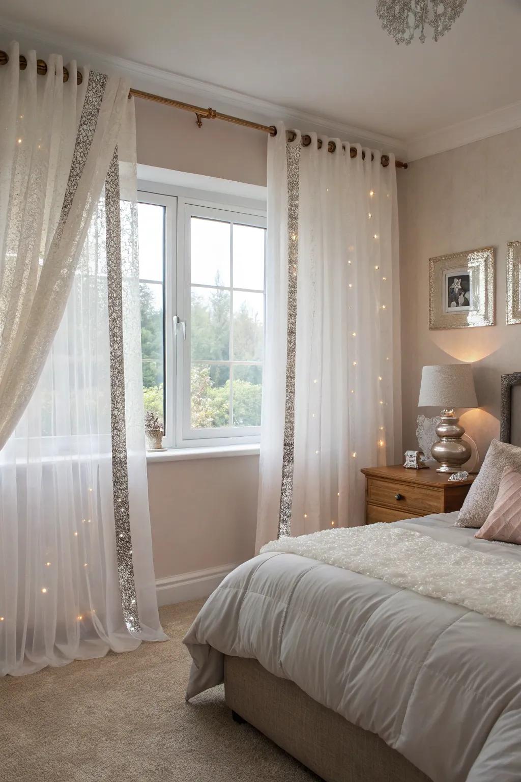 Glamorous sheer curtains showcasing sequin edge.