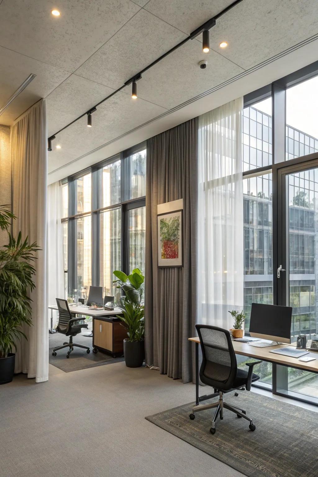 Individual curtain segments offer flexibility in controlling light and privacy.