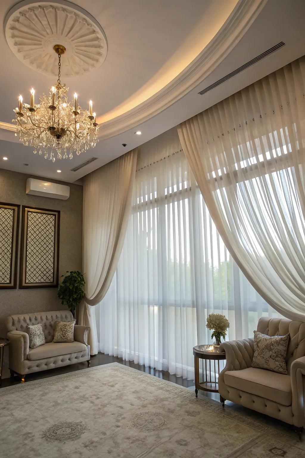 Ceiling-mounted delicate curtains add elegance and drama.