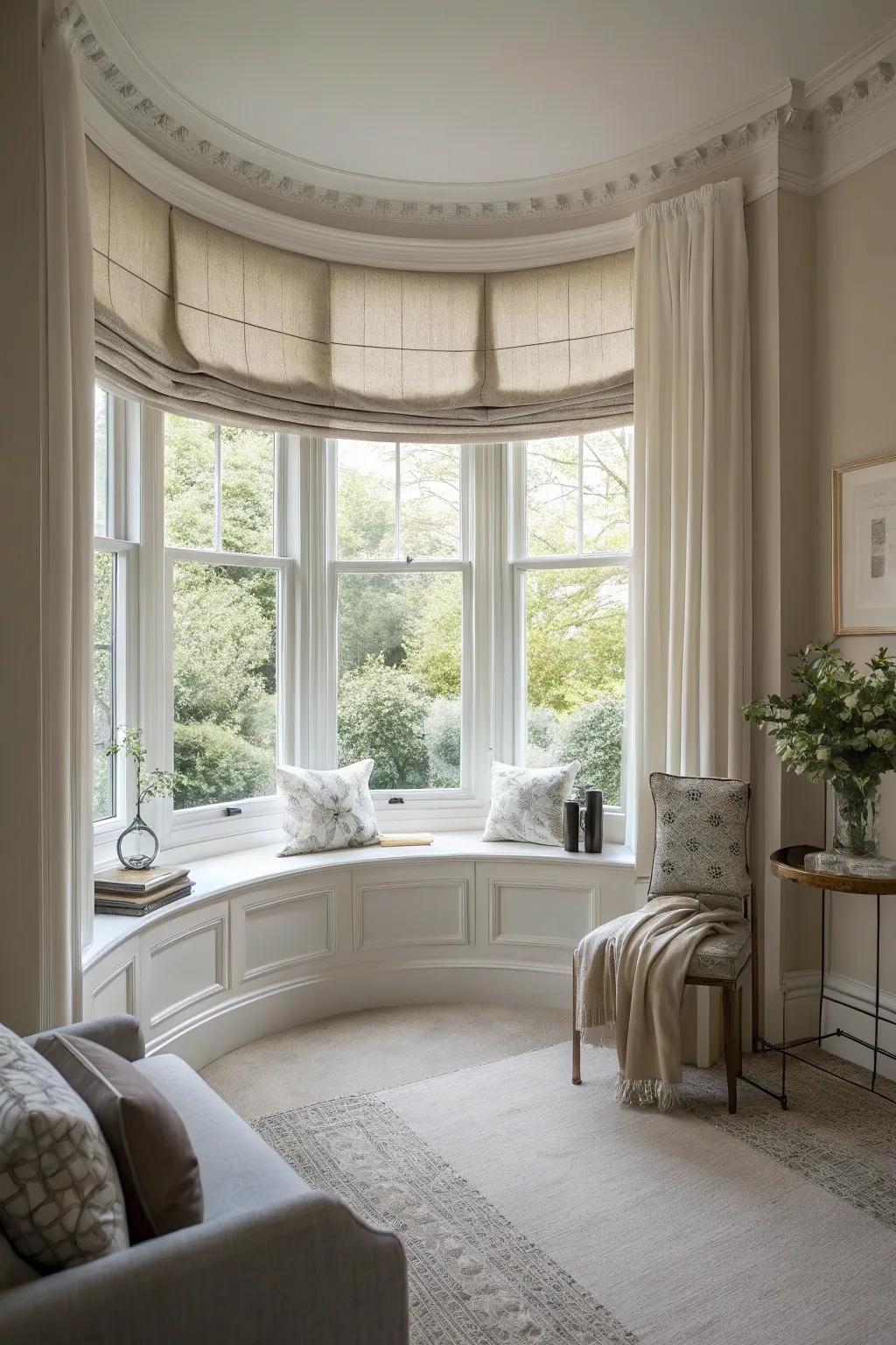 A simple and sophisticated arched bay window setup.