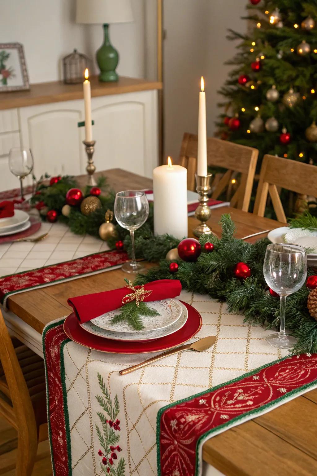 An ornamental table wrap enhances any holiday feast.