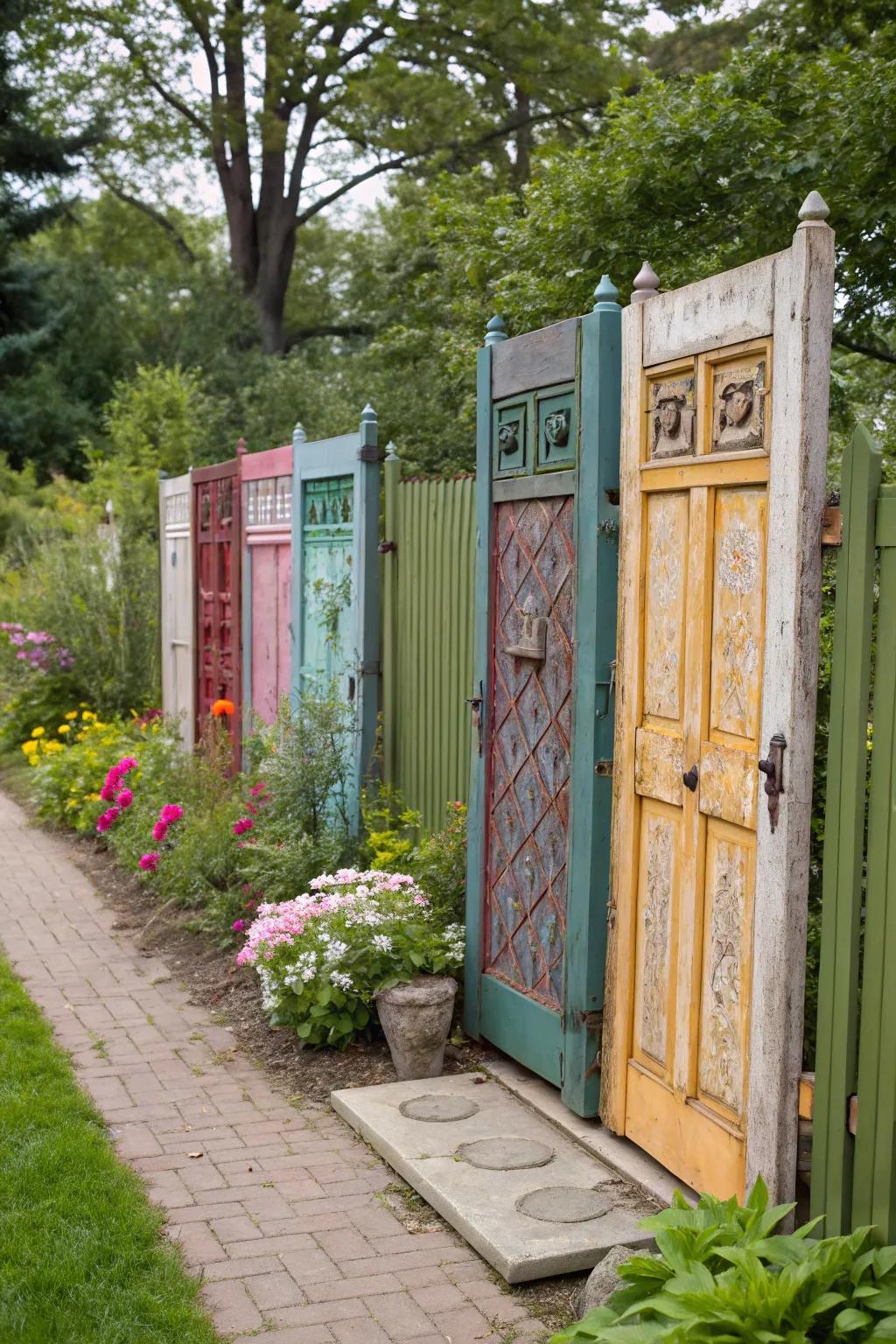 A barrier of repurposed doors incorporates country-style charm and ingenuity.