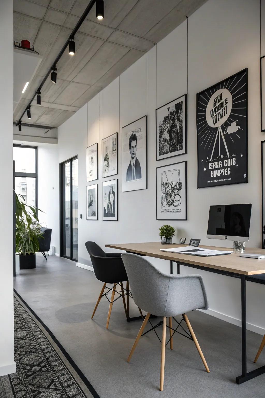 Understated black and white posters creating a calm office atmosphere.