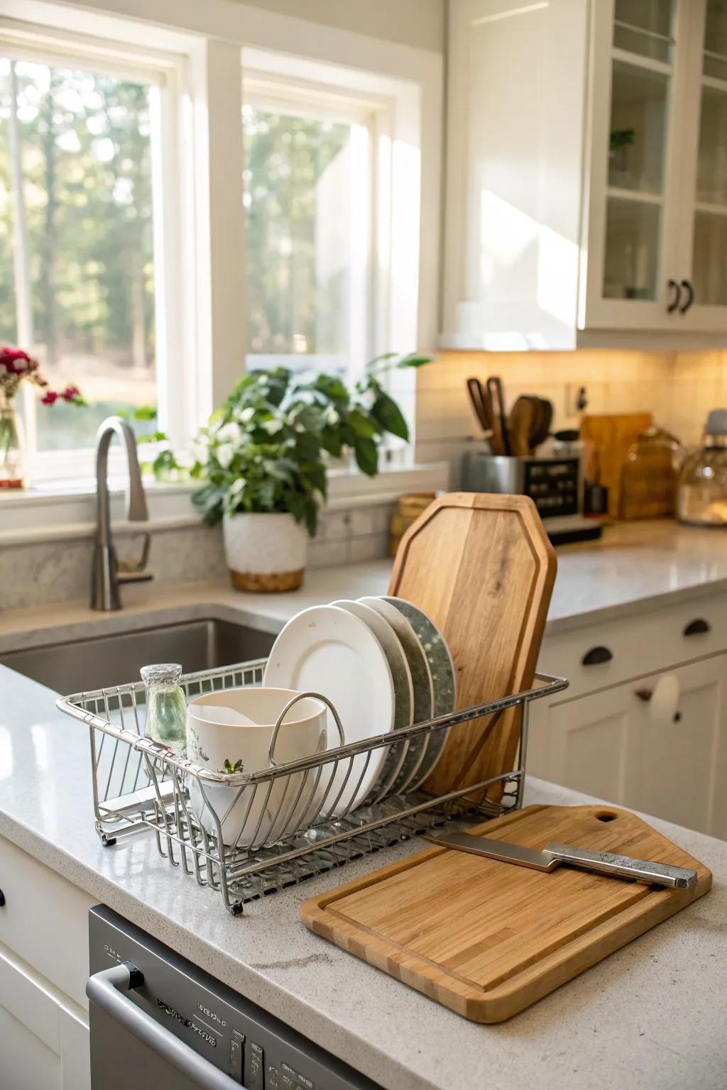Dish drainer used for chopping block storage.