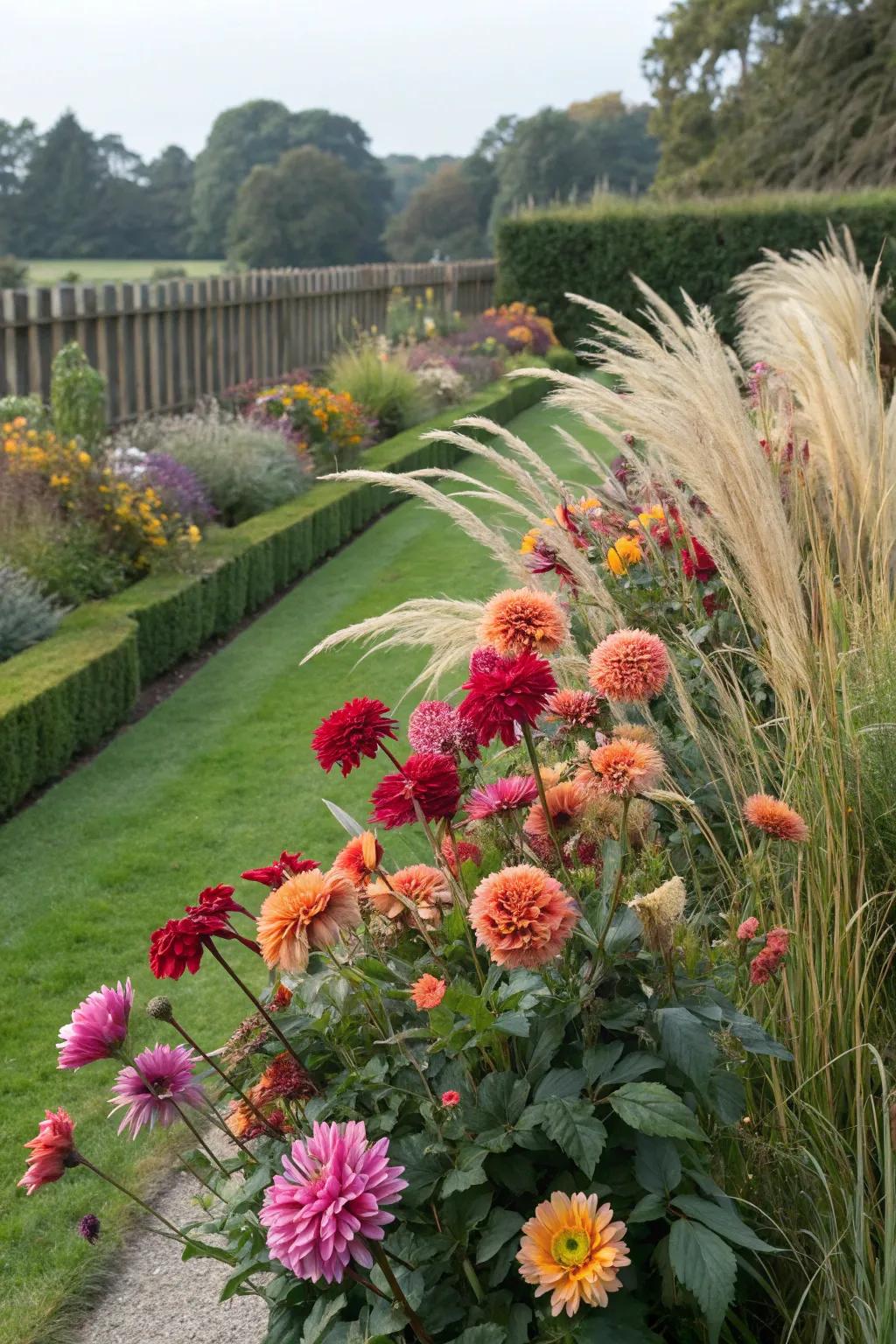 Textural contrast featuring dahlias and grasses.