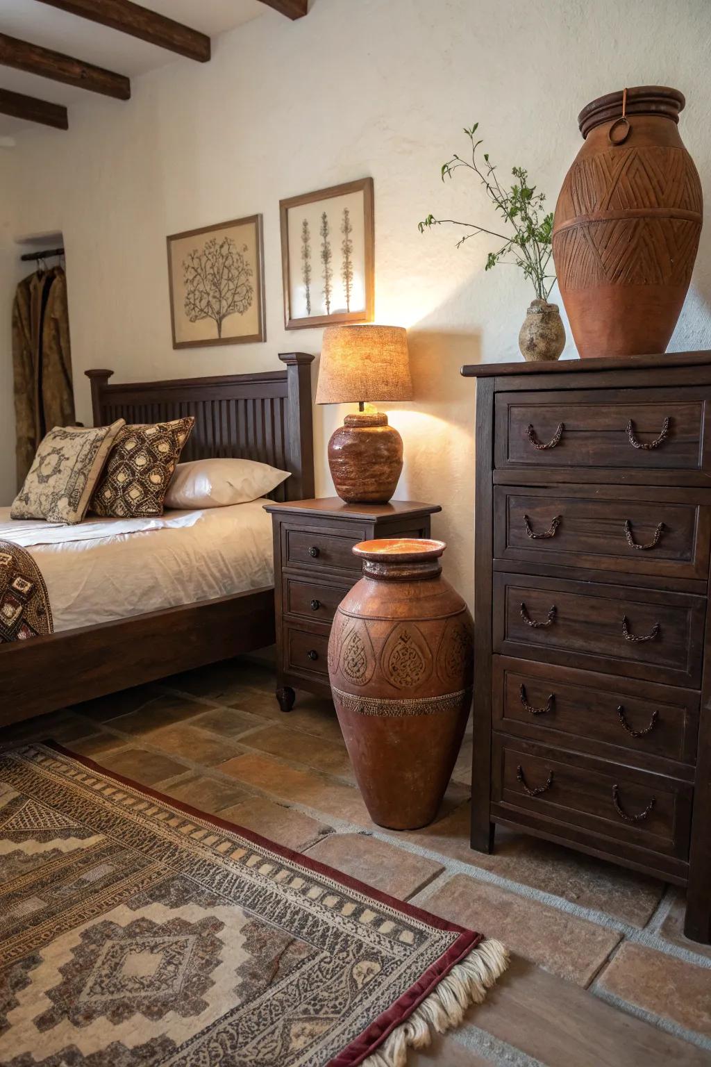 Grounded hues add warmth and cohesiveness to dark brown decor.