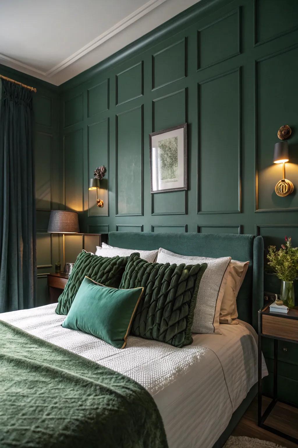 A dark green bedroom with woodland green toss pillows adding comfort and style.