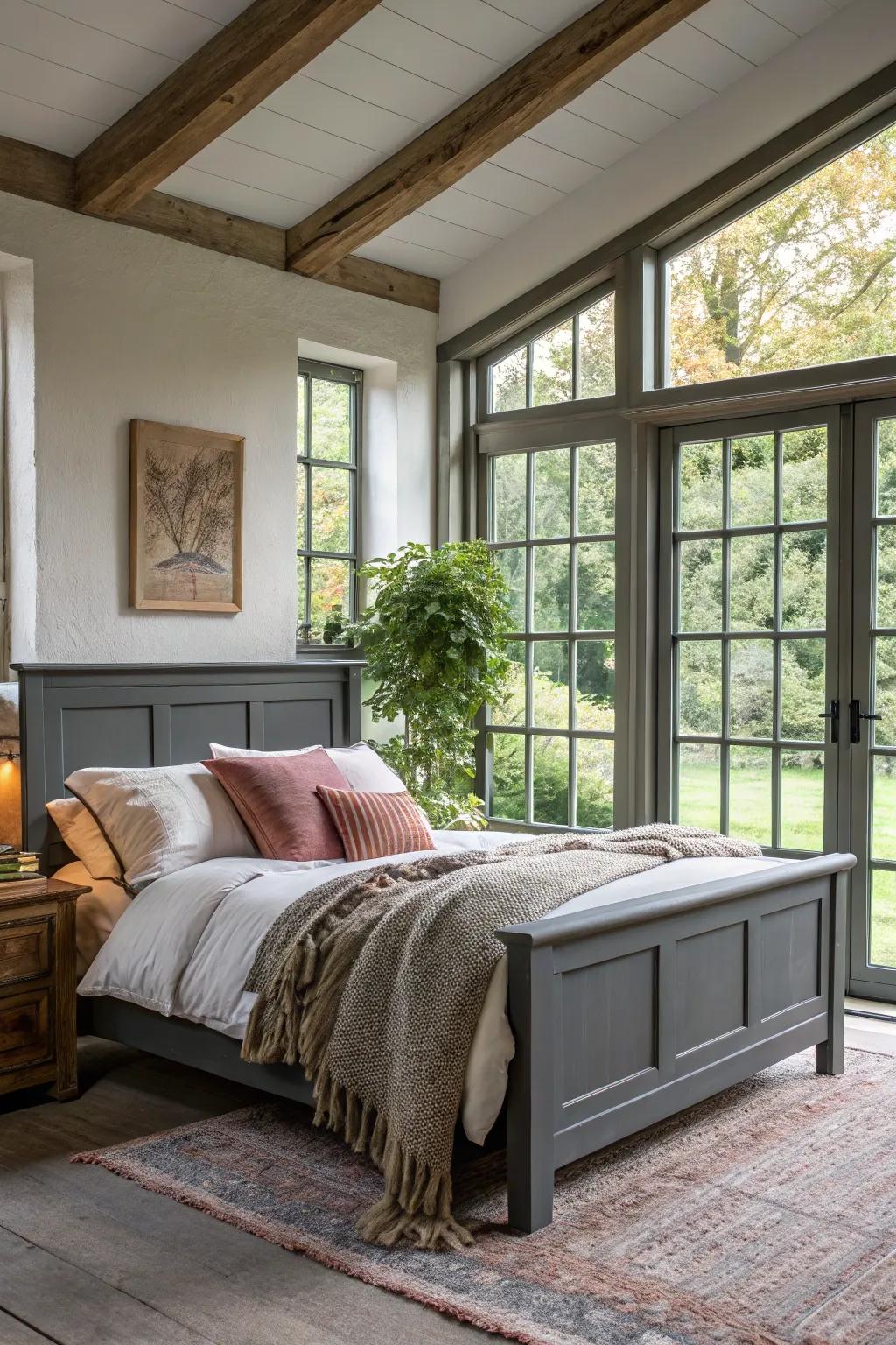 Sunshine enhances the beauty of a dark grey bed frame.