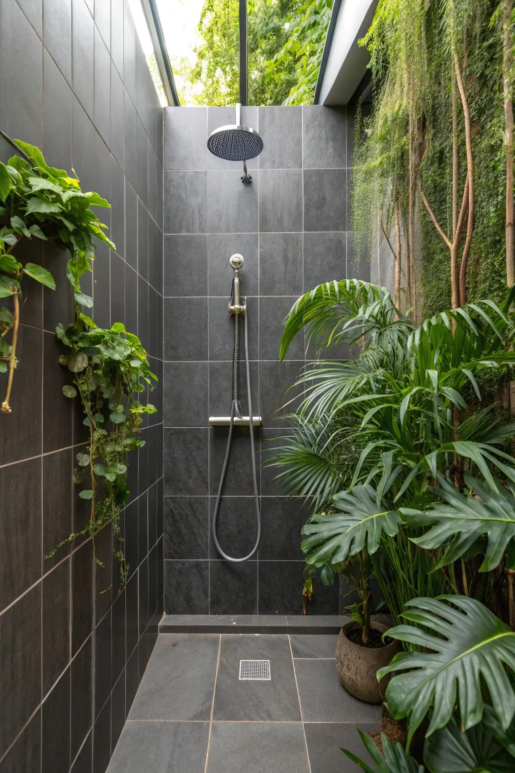 Plants add a refreshing touch to the dark grey shower tiles.