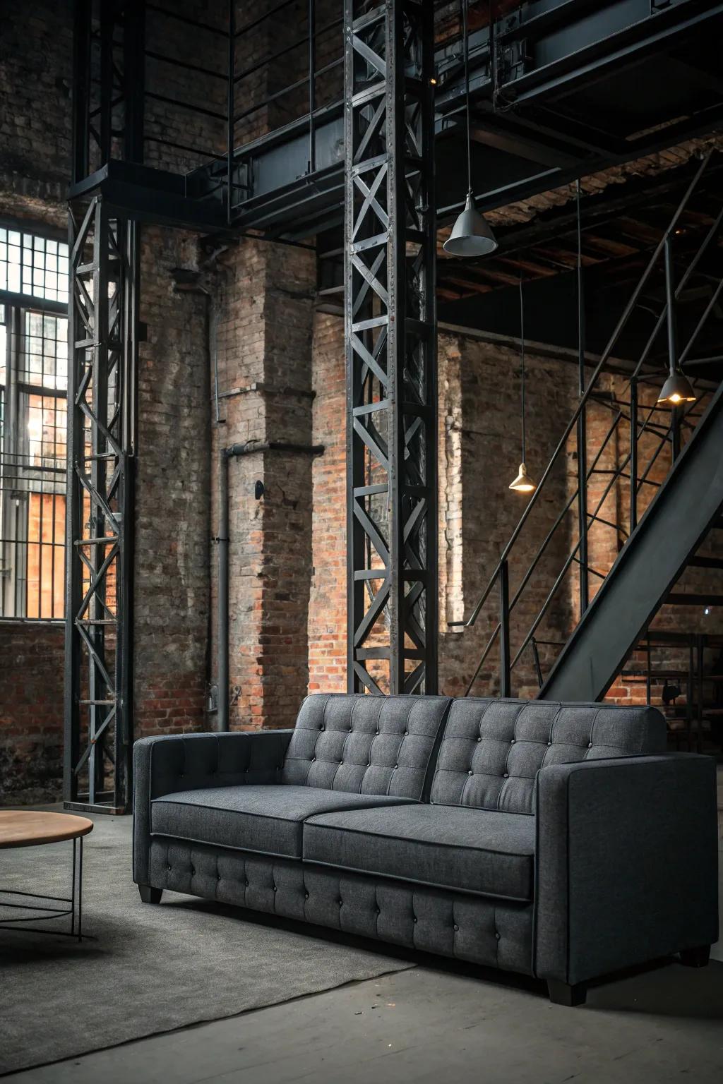 Industrial elements bring an edgy vibe to a grey couch setup.