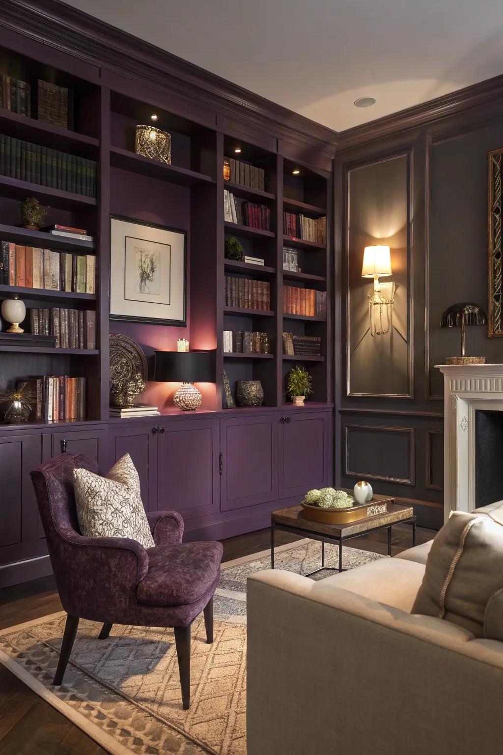 Deep violet shelving units enrich this fashionable lounge with enhanced personality and appeal.