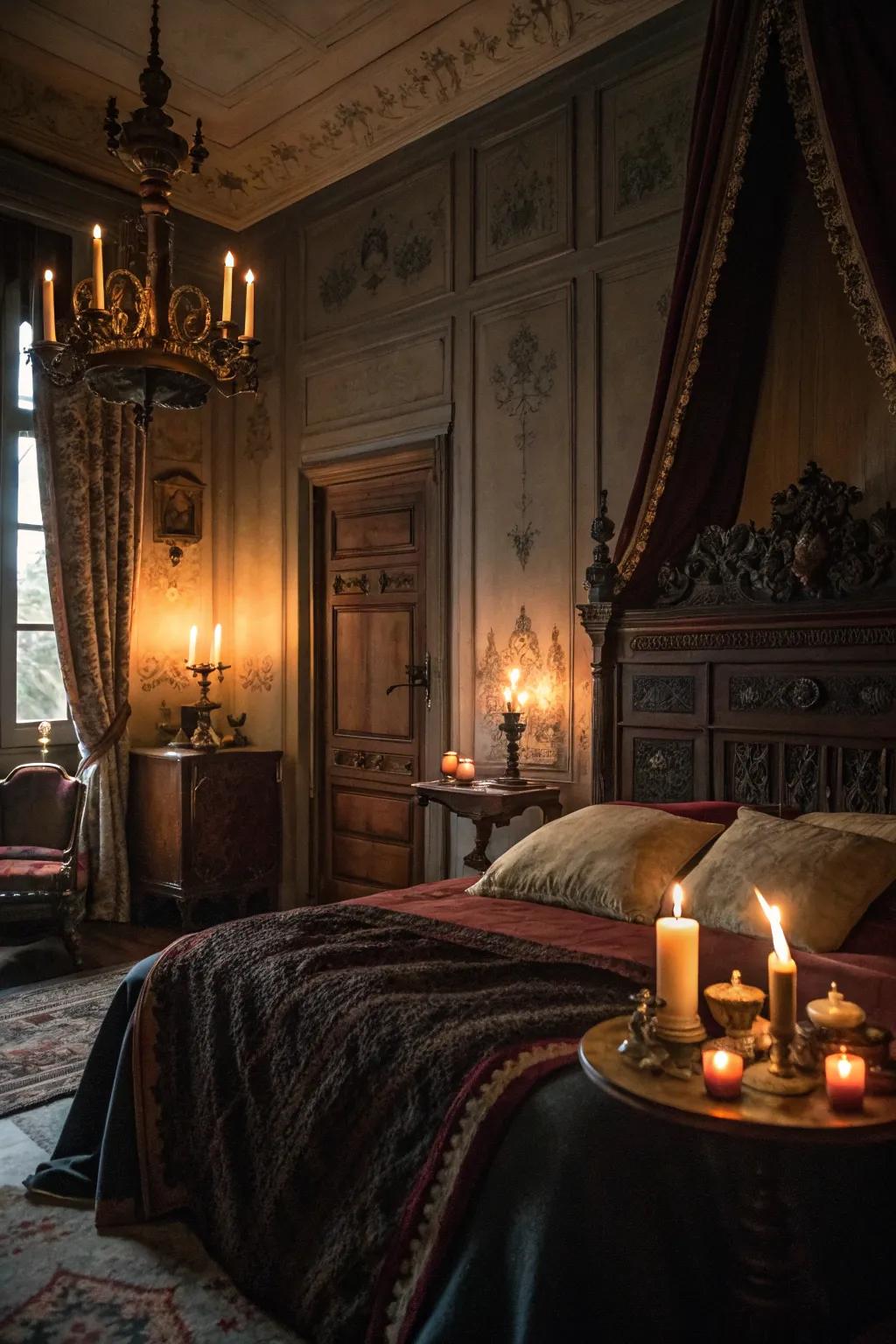 Candlelight establishes a romantic and calming vibe in the vintage bedroom.
