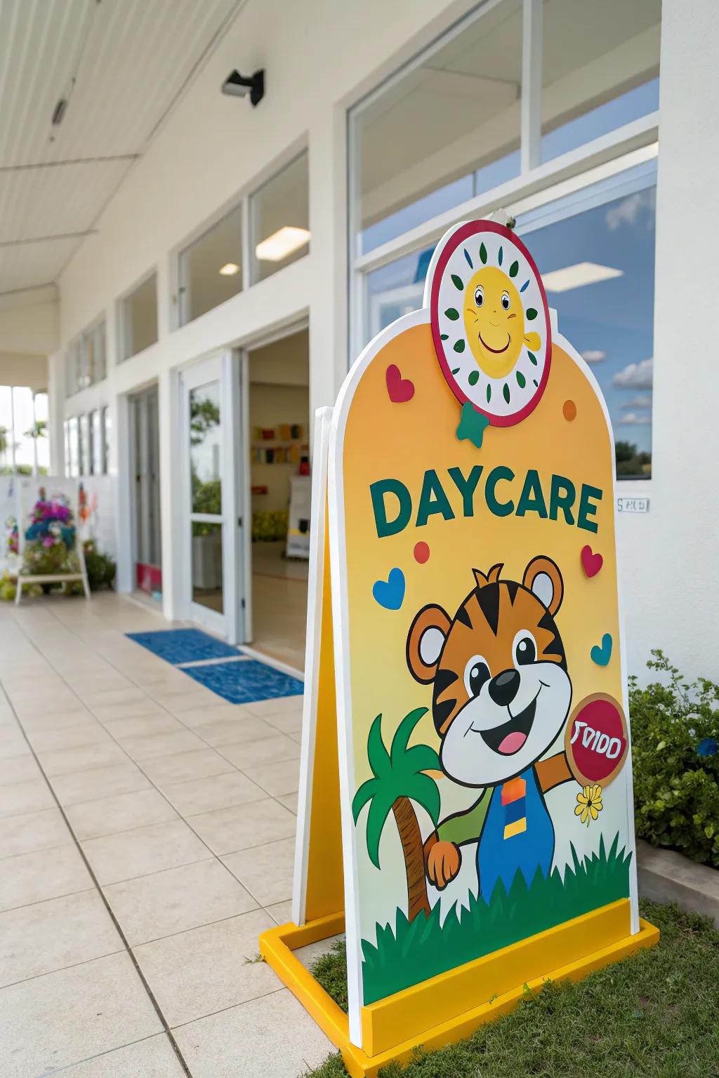 The friendly daycare mascot on the sign introduces a playful and welcoming element.