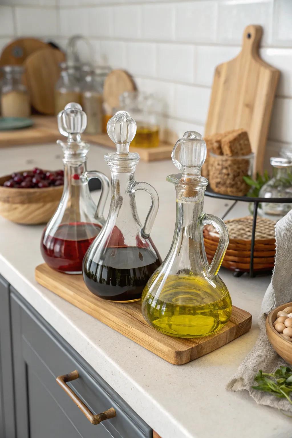 A kitchen counter featuring glass vessels as practical storage for liquids.