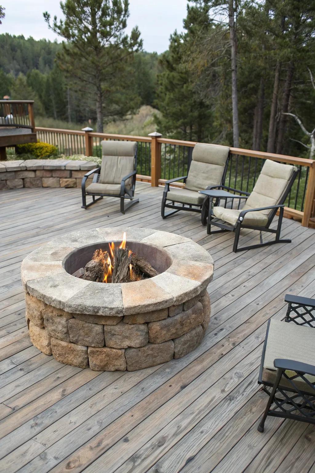 A stone circular fire pit brings rustic elegance to any deck setting.