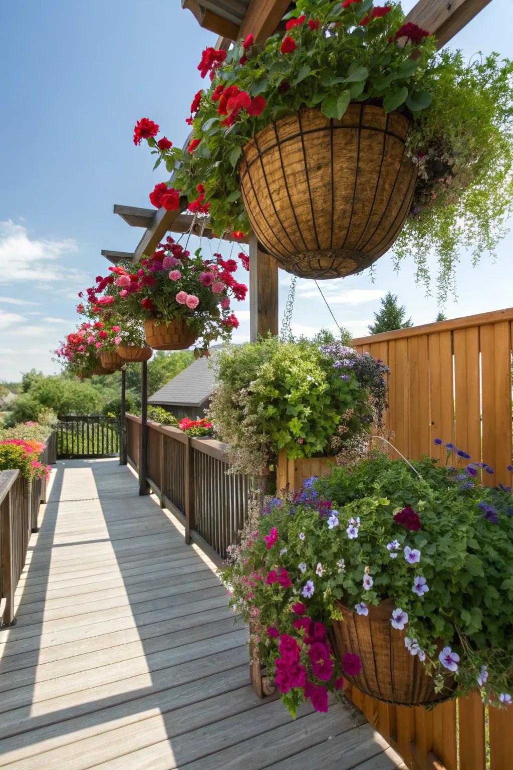 Baskets that hang bring color and depth.