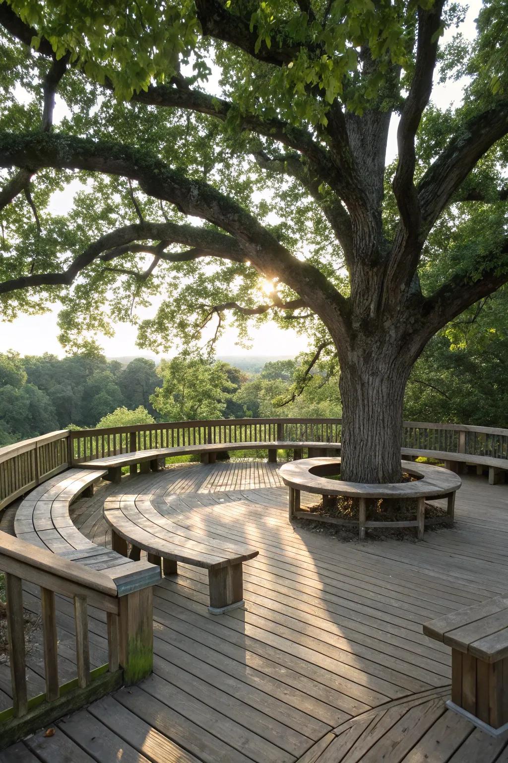 Circular benches enclosing trees provide shade and an organic aesthetic.