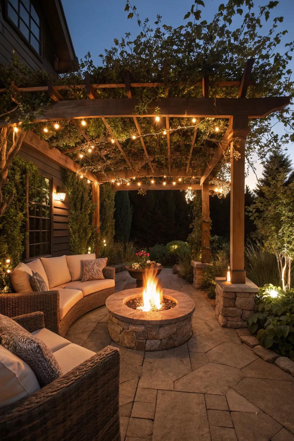 A pergola with a brazier, perfect for comfortable gatherings.