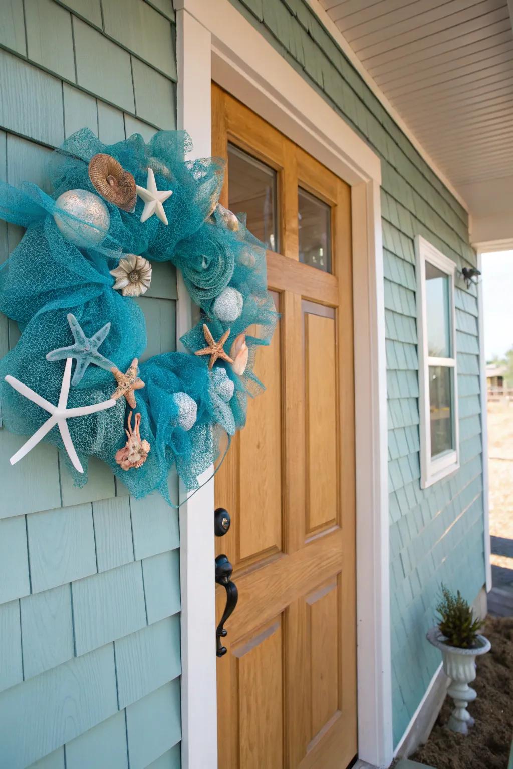 A beach-themed deco mesh wreath that brings the ocean to your home.