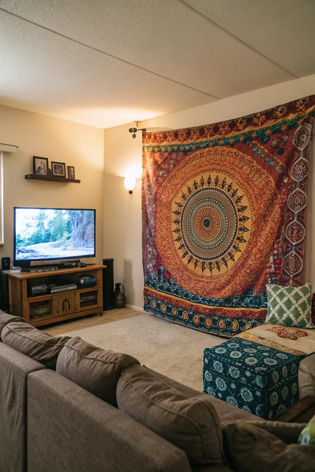 A cloth adds a fun and colorful touch to the TV area.