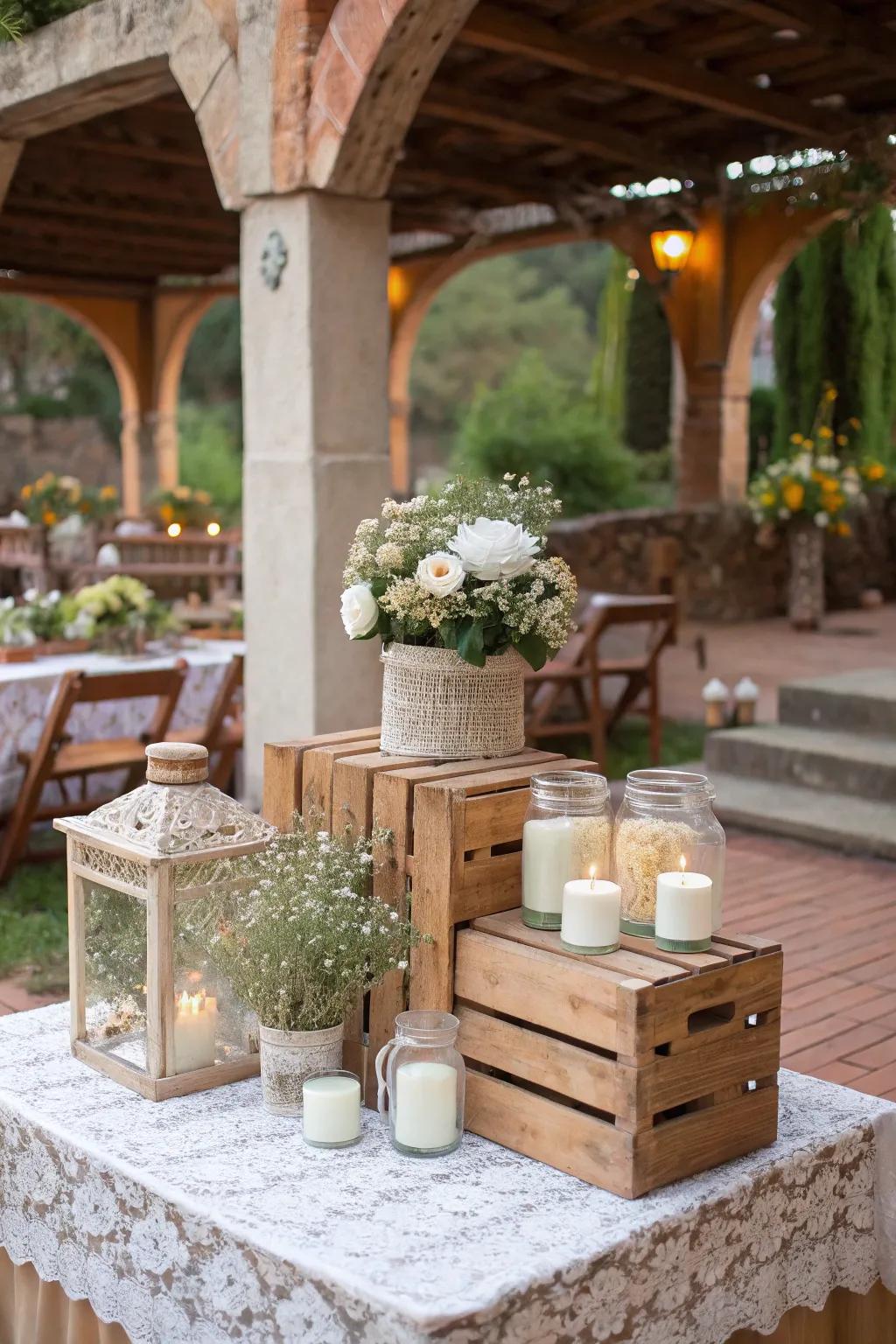 Recycled elements add charm and sustainability to a wedding venue.